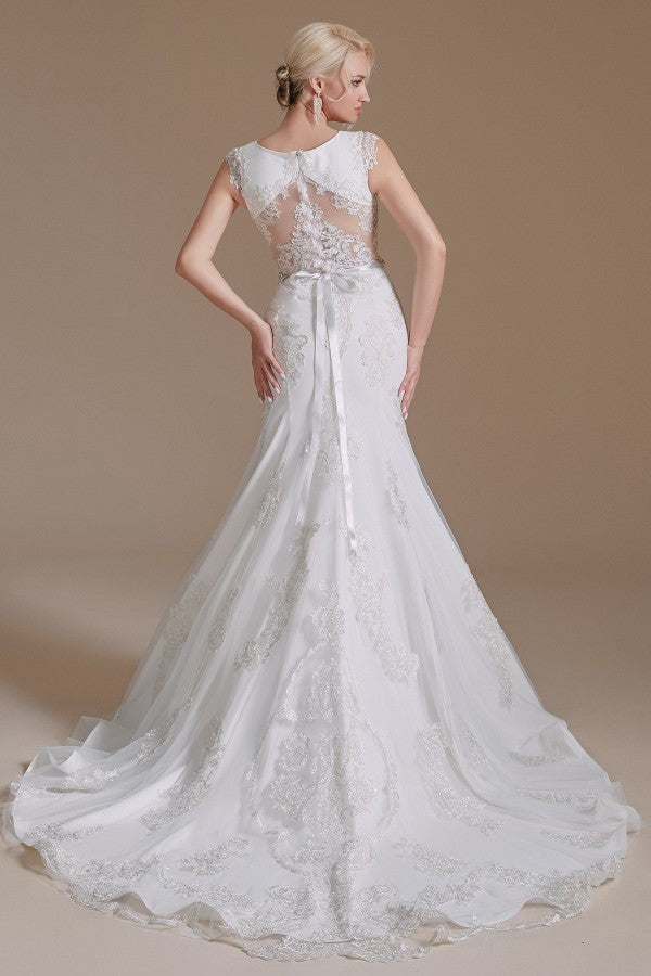 Gorgeous Jewel Mermaid Long Wedding Dress with Tulle Lace