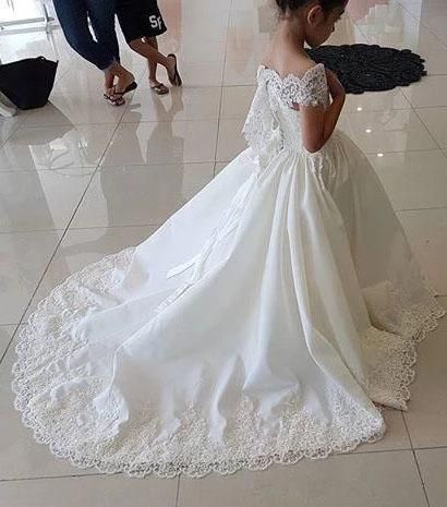 Beautiful Off-the-shoulder A-line Flower Girl Dress with Satin Lace Beads & Appliques