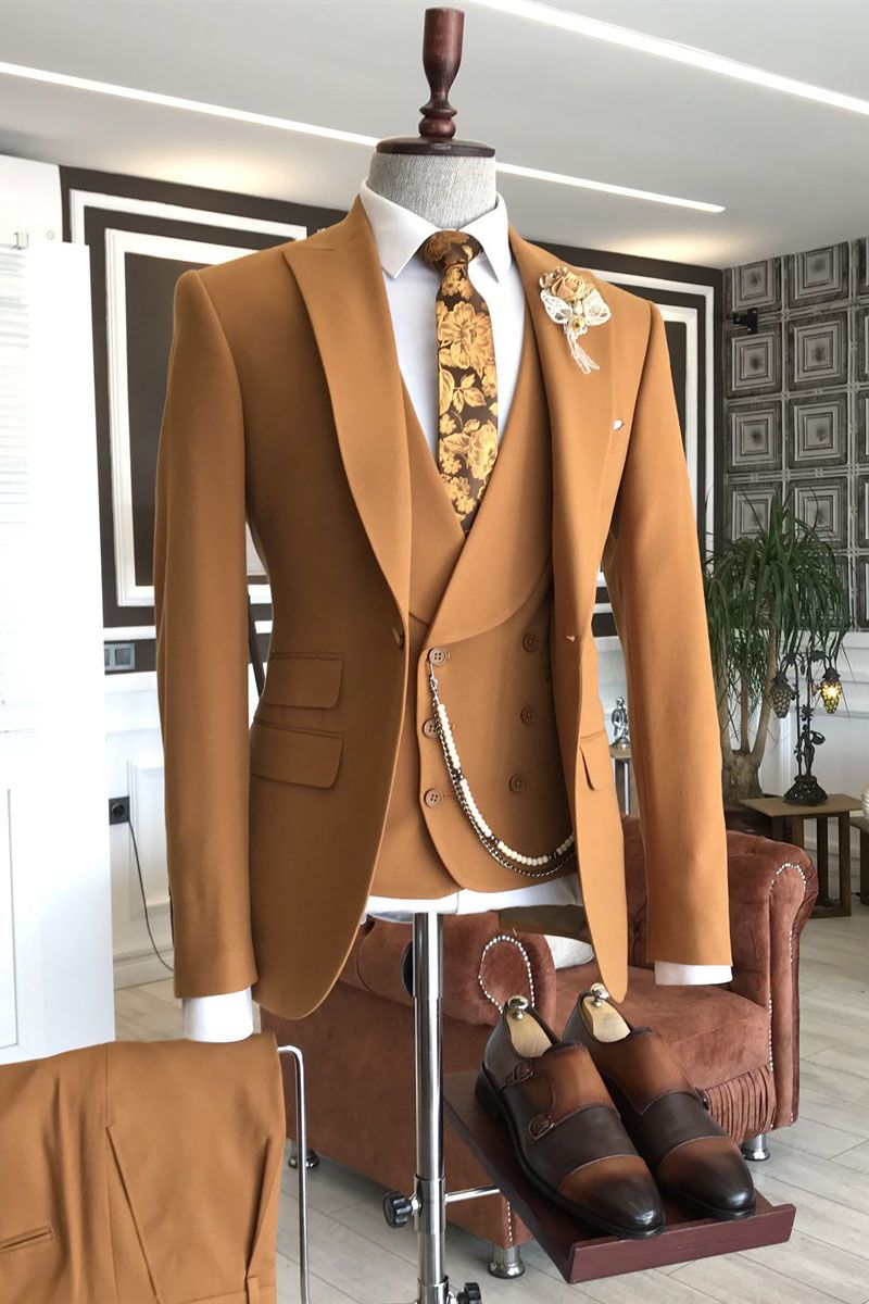 Gentle Double Breasted Prom Outfit for Men - Orange Peaked Lapel