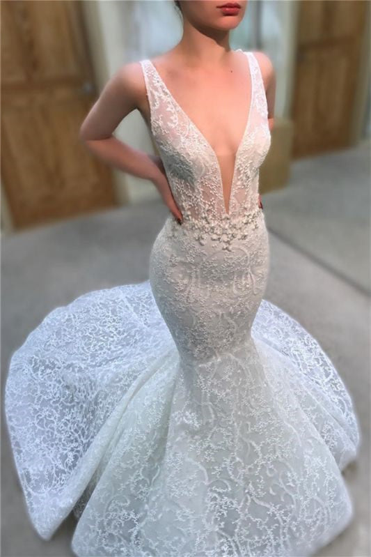 Deep V-Neck Long Wedding Dress Mermaid with Lace Appliques