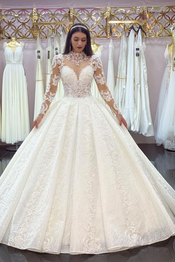 Gorgeous High-neck Long Sleeves Wedding Dress With Lace Appliques