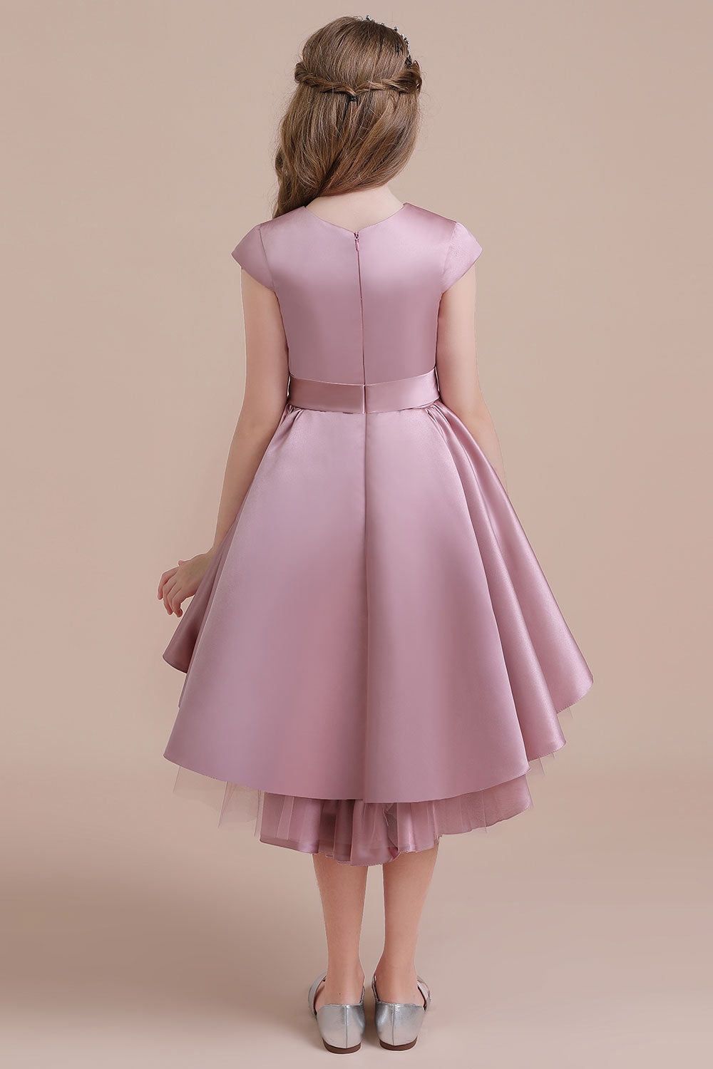 Lovely A-line Satin Hi-Lo Dusty Pink Flower Girl Dress with Cap Sleeves