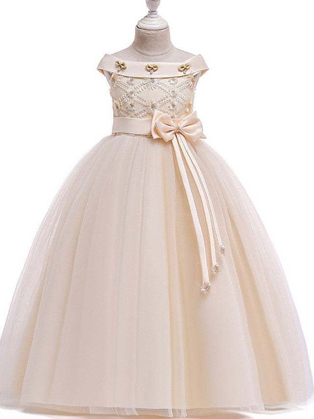 Princess Bateau Floor Length Cotton Flower Girl Dress with Bow Pearls Appliques