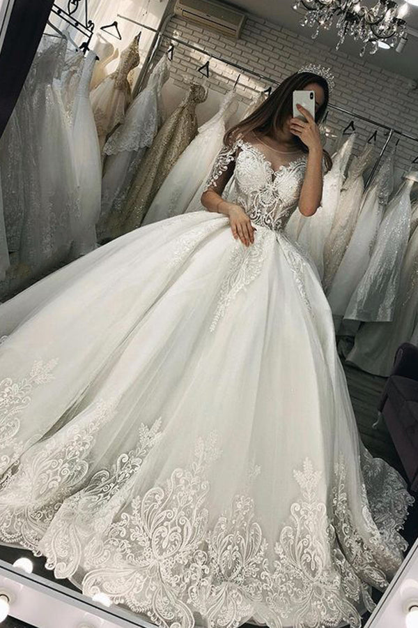 Short Sleeves Sheer Tulle Ball Gown Wedding Dress With Appliques