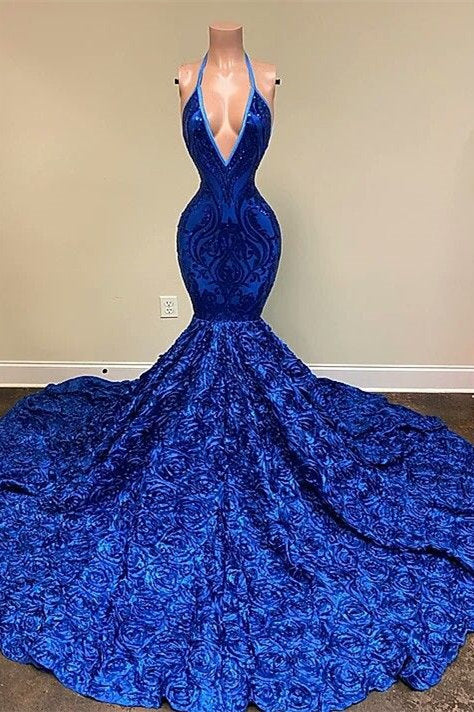 Royal Blue Sequins Prom Dress with Mermaid Bottom and Flower Details