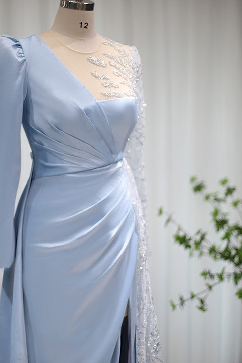 Glamorous Baby Blue A Line Prom Dress with Sparkle Sequins & Ruffles