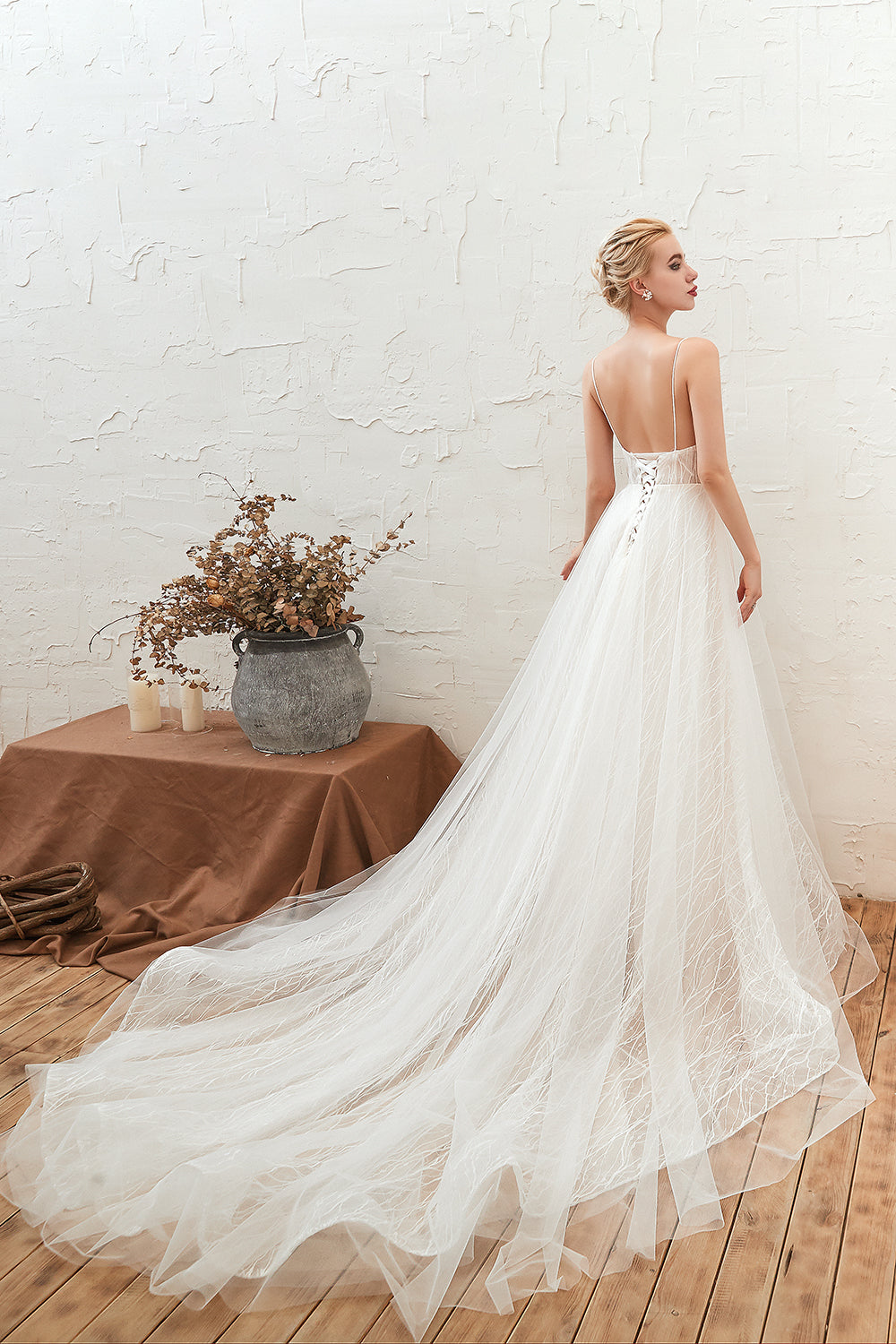 Classy A-Line Wedding Dress With Deep V-neck, Open Back and Lace Tulle Floor-length