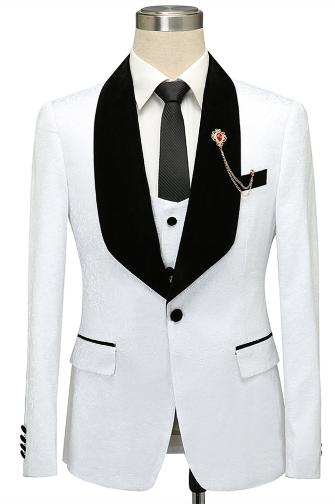 One Button White Jacquard Wedding Tuxedo With Black Lapel