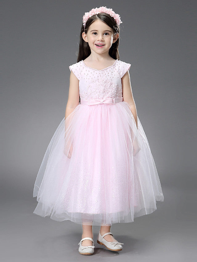 Princess Ankle Length Dresses with Beading Appliques for Flower Girls