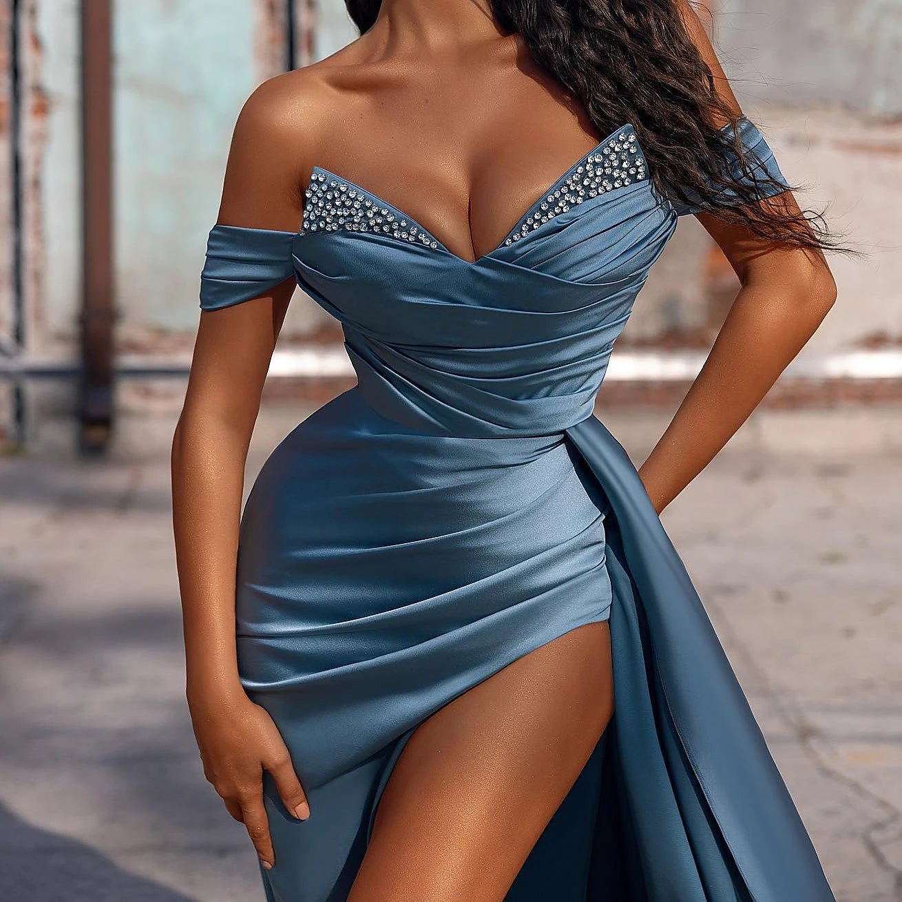 Mermaid Dusty Blue Off-the-Shoulder Prom Dress with Slit