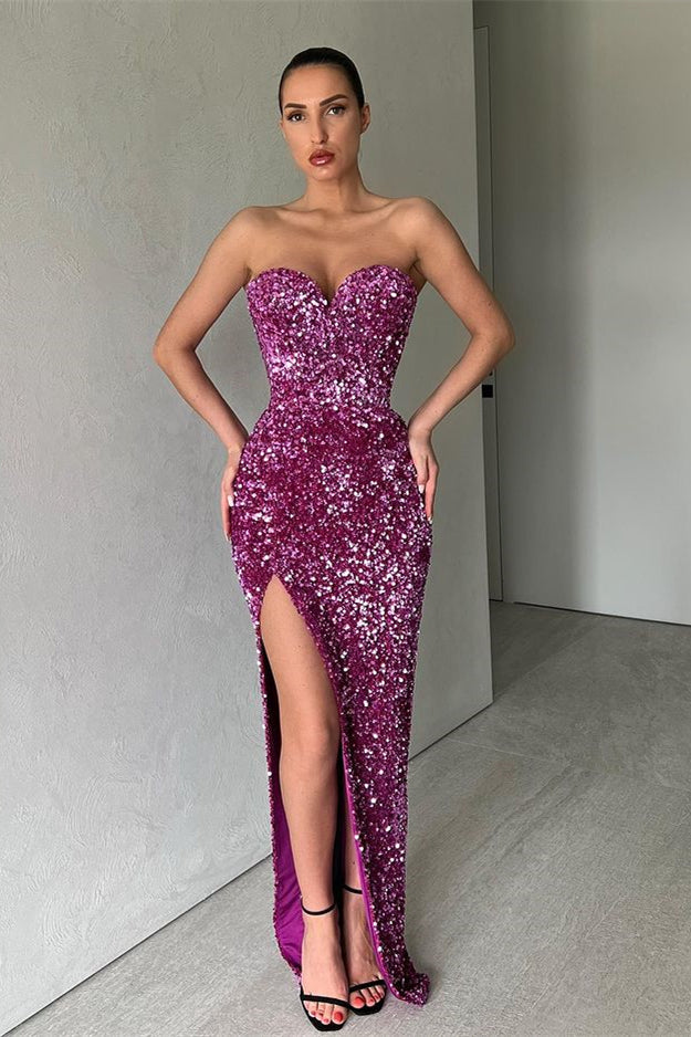 Purple Mermaid Evening Dress with Split - Sweetheart Sequins