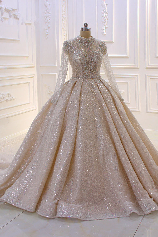 Gorgeous High-neck Long Sleeves Satin Ball Gown Wedding Dress with Sequins