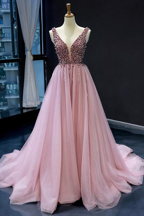 On Sale: Pink V-Neck Mermaid Sleeveless Prom Dress With Beadings