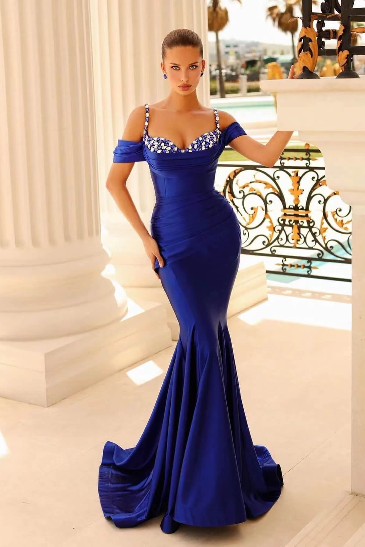 Off-The-Shoulder Sweetheart Beaded Prom Dress With Spaghetti-Straps Mermaid