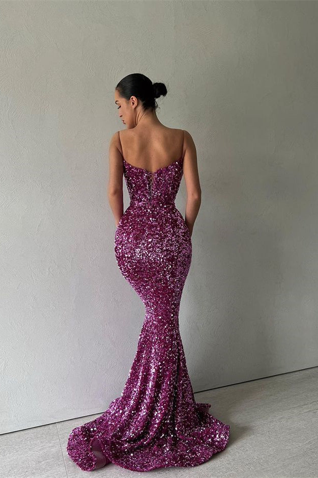 Purple Mermaid Long Evening Dress with Spaghetti Straps and Sequins