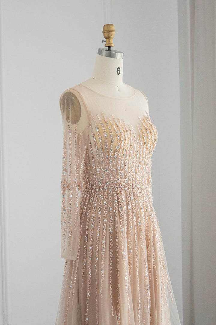 Chic A Line Prom Dress with Tulle and Appliques - Champagne Jewel Neck Long Sleeves