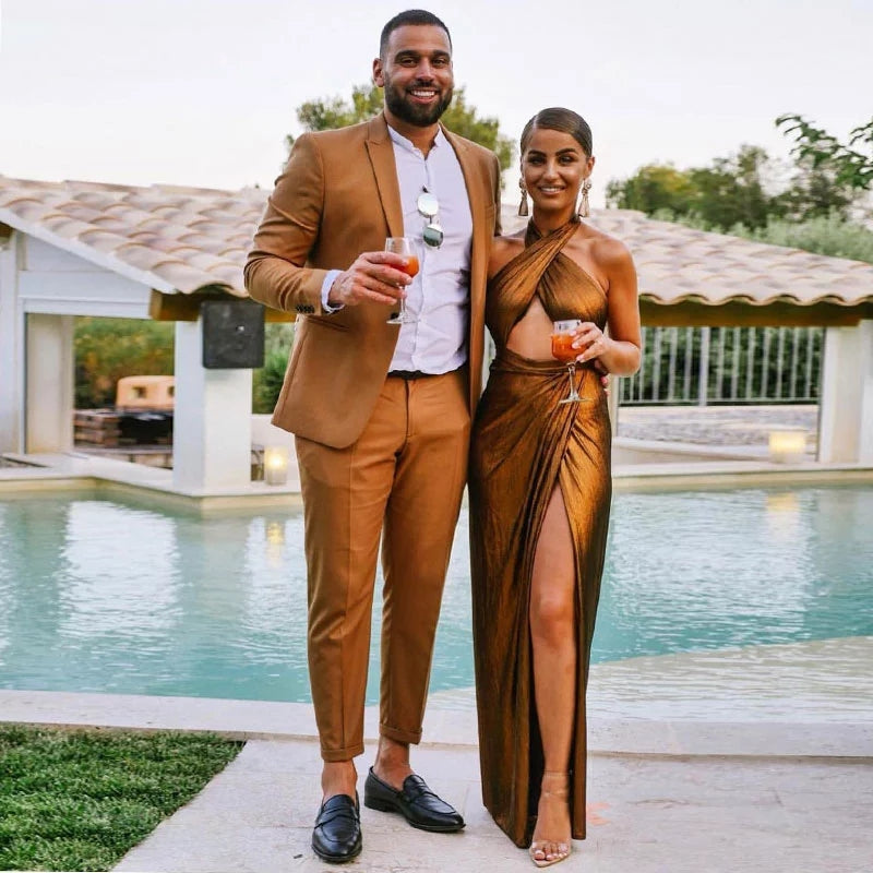 Elegant Brown Reception Suit for Groom With Peaked Lapel and One Button