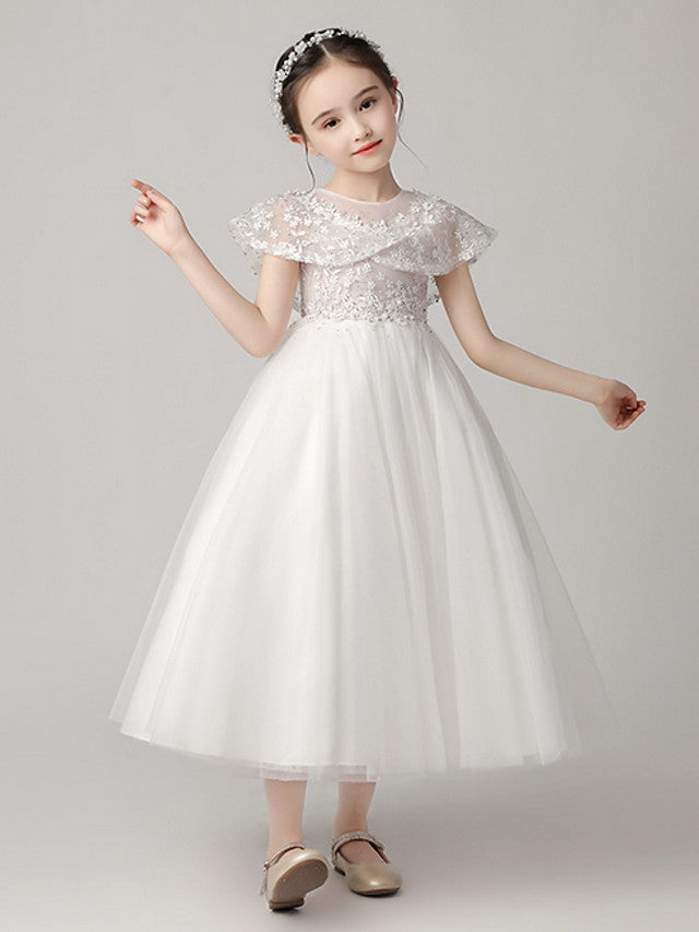 Short Sleeve Jewel Neck Flower Girl Dress With Lace