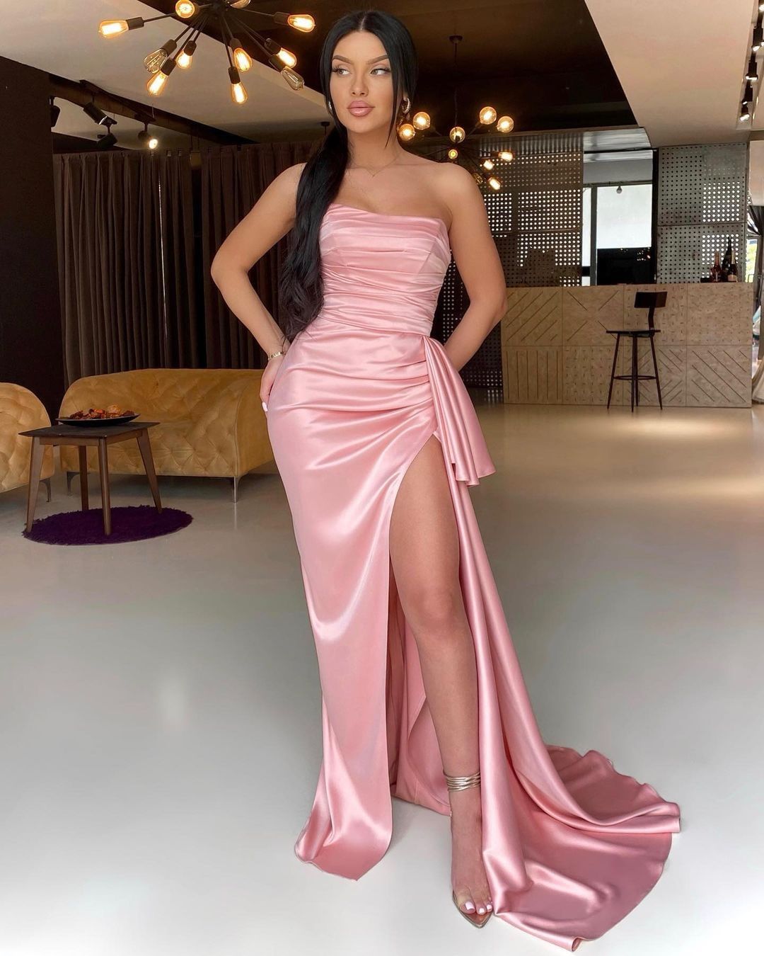 Pink Strapless Mermaid Long Pleated Prom Dress With Split