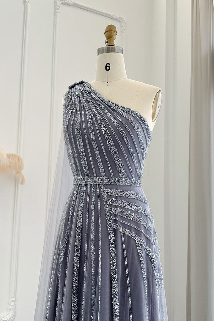 Stunning Gray One Shoulder A Line Prom Dress with Appliques and Ruffles