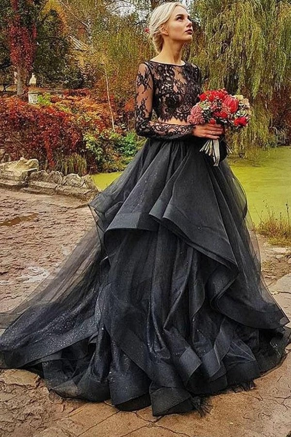 Modest Black Two Pieces Wedding Dress with Sleeves and Tulle Lace