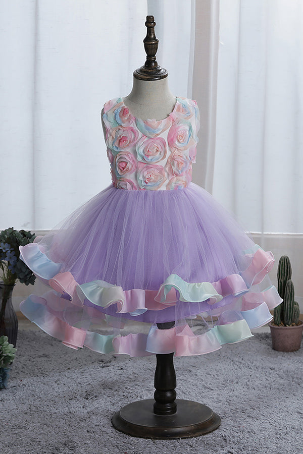 Princess Floral Jewel Sleeveless Flower Girl Dress with Tulle Appliques