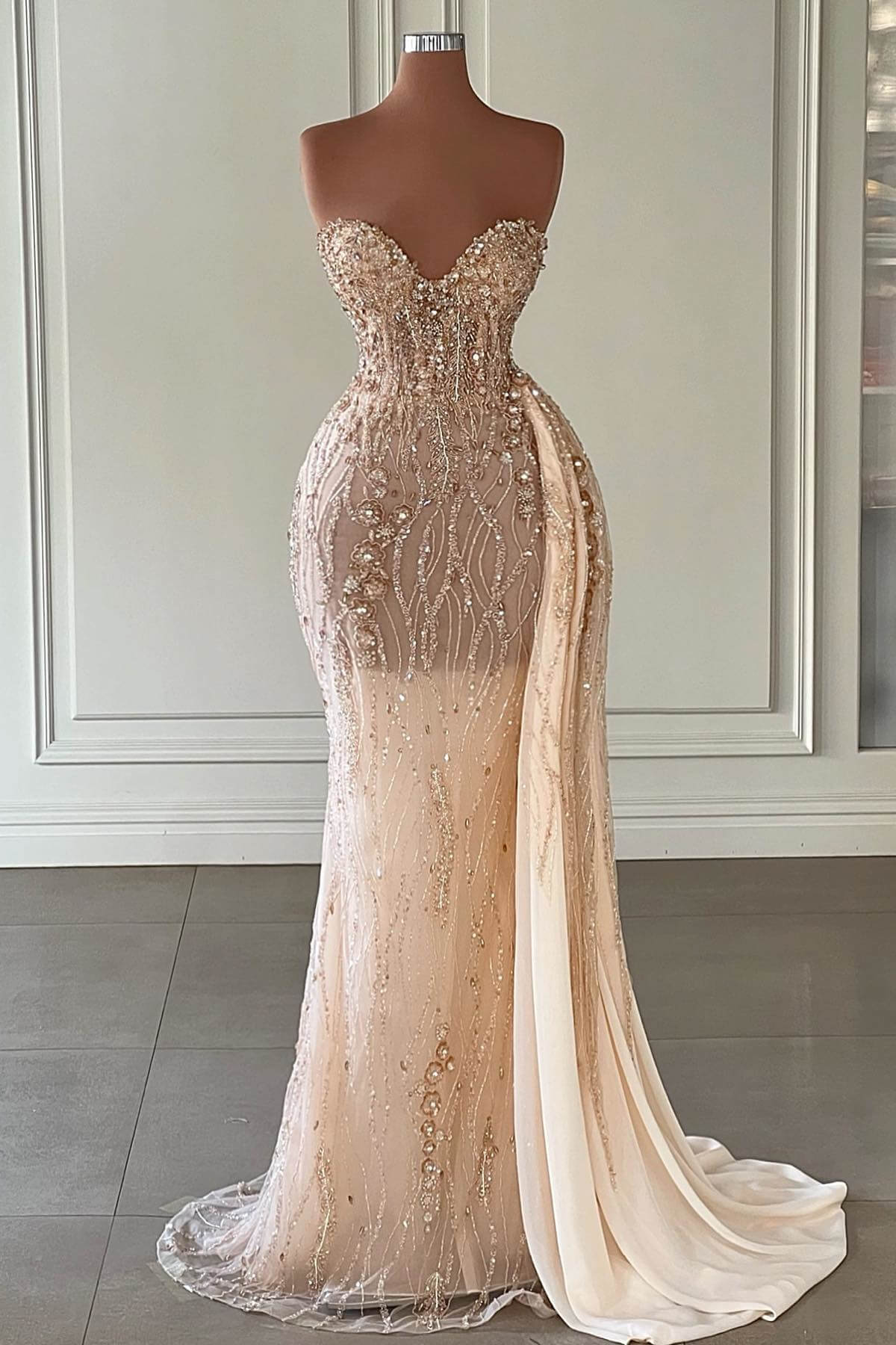 Ruffle Sweetheart Sleeveless Mermaid Evening Dress with Beadings Rhinestones and Sexy Champagne