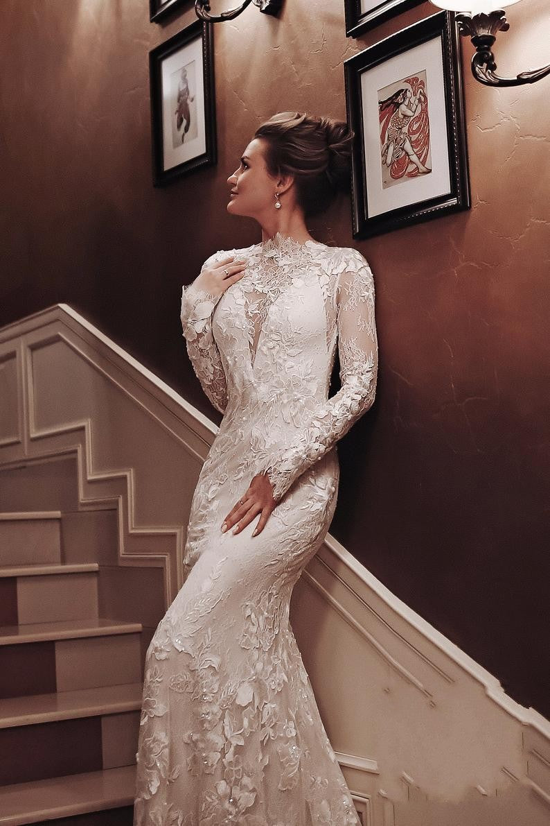 Unique Long Sleeve Mermaid Wedding Dress with Appliques Lace