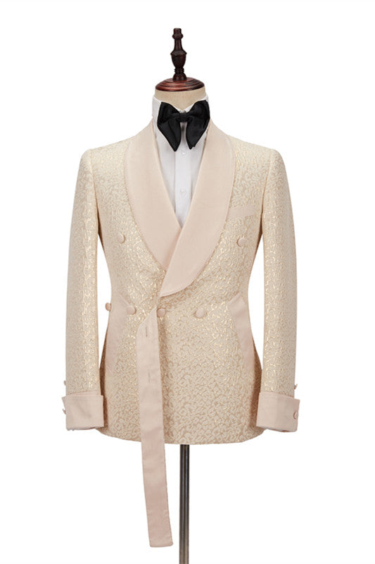 Chic Jacquard Shawl Lapel Slim Wedding Tuxedo in Champagne