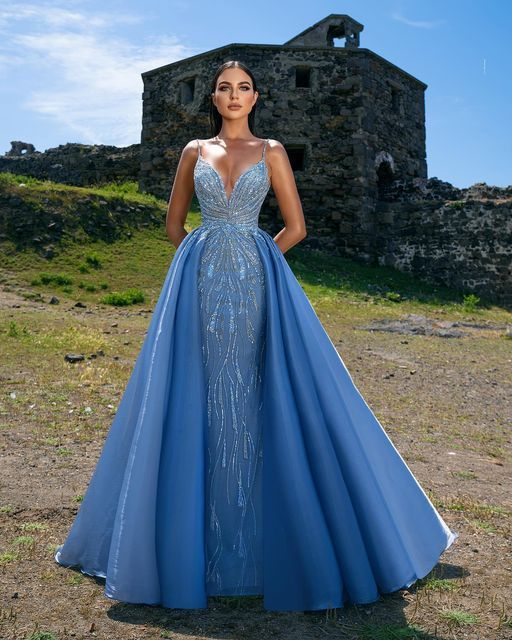 Elegant Blue Prom Dress with Spaghetti Straps and Sequins Overskirt