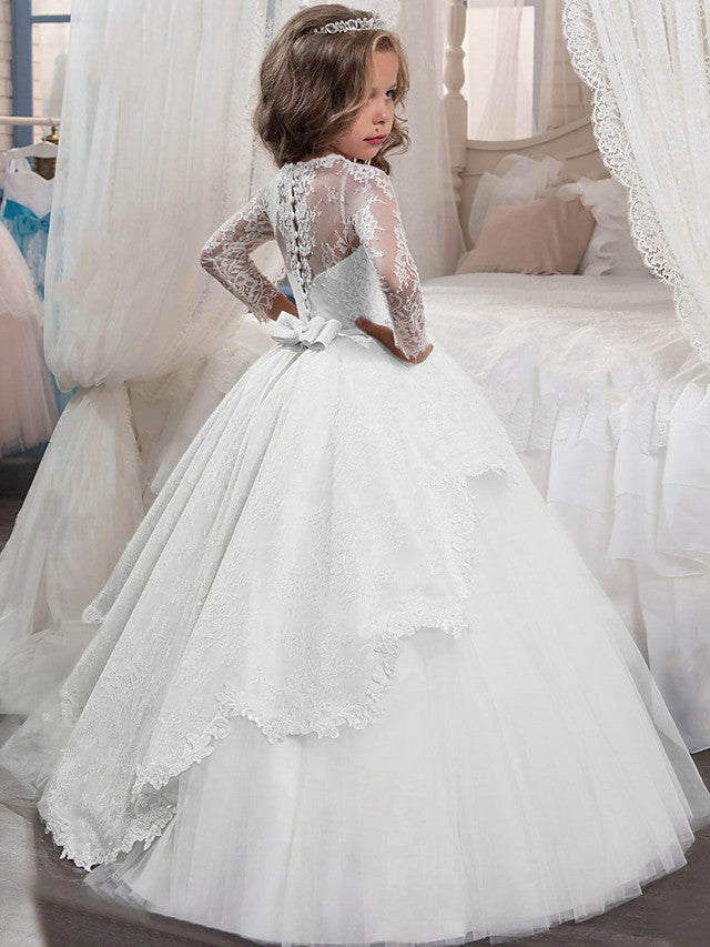 Princess Long Sleeve Jewel Neck Flower Girl Dress with Lace Crystals and Rhinestones