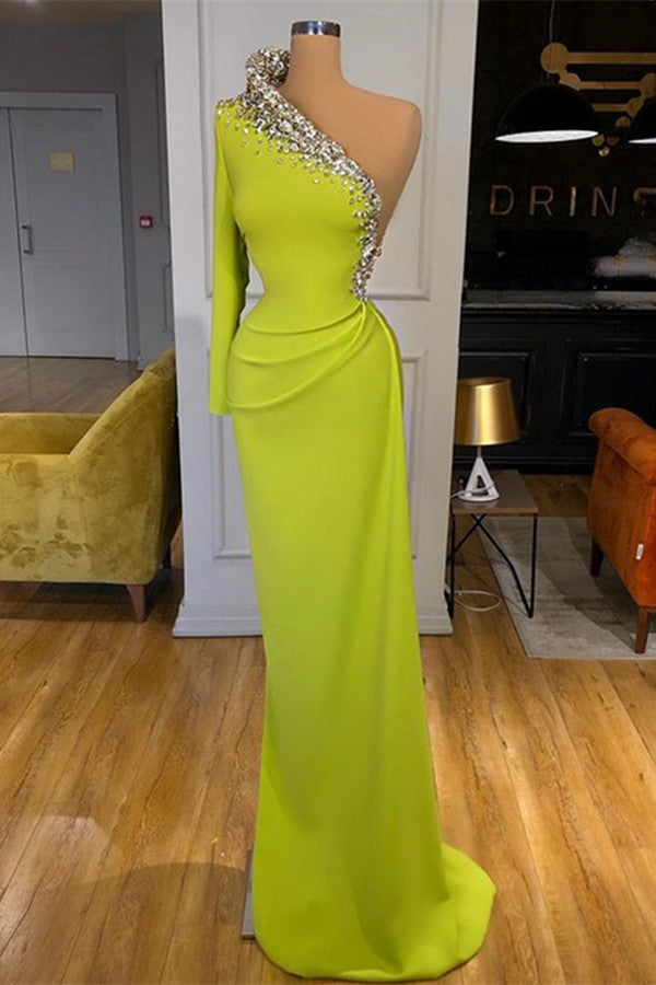 One-Shoulder Prom Dress with Green Beadings and Long Sleeves