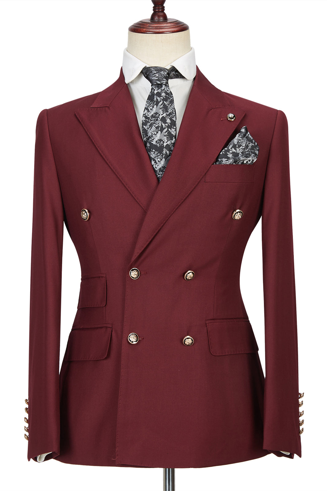 Glamorous Burgundy Groomsmen Outfits with Peak Lapel Double Breasted