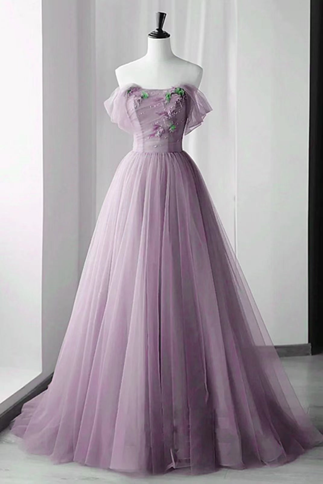 Lilac Off-The-Shoulder Evening Dress with Beadings and Appliques, Tulle Skirt