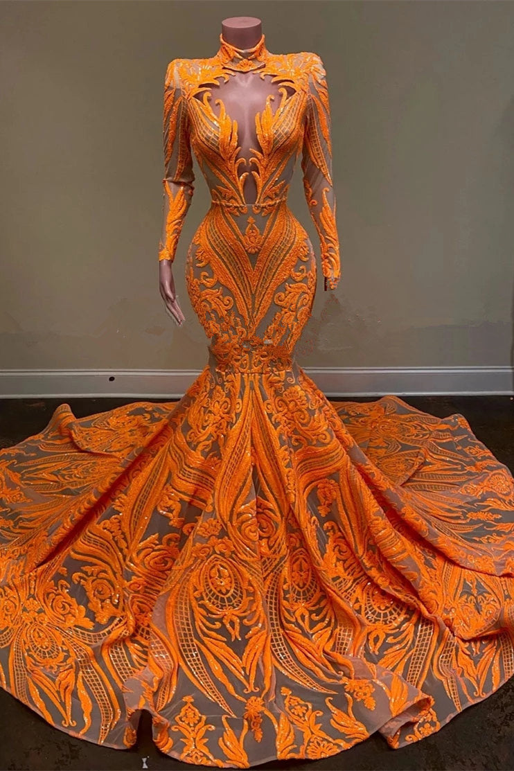 Mermaid Orange Long Sleeves Prom Dress with Sequins and Lace