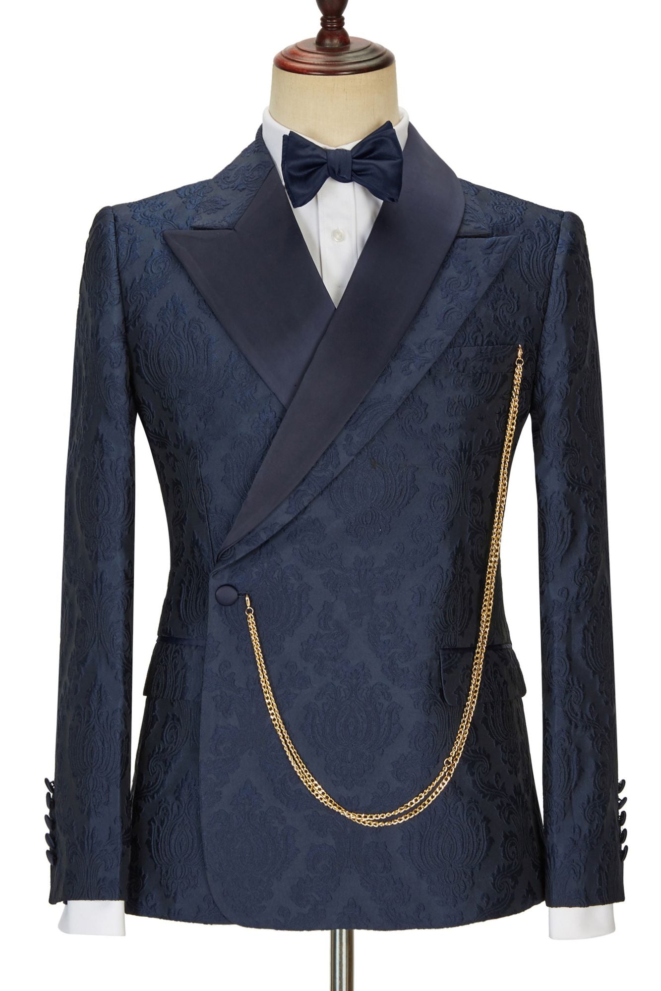 New Arrival Navy Blue Slim Fit Jacquard Peaked Lapel Wedding Suit for Men by Brandon