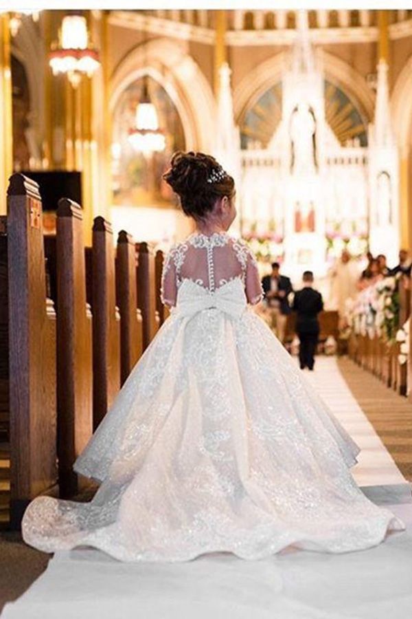 White Jewel Long Sleeve Ball Gown Flower Girl Dress with Tulle Appliques and Lace Bow