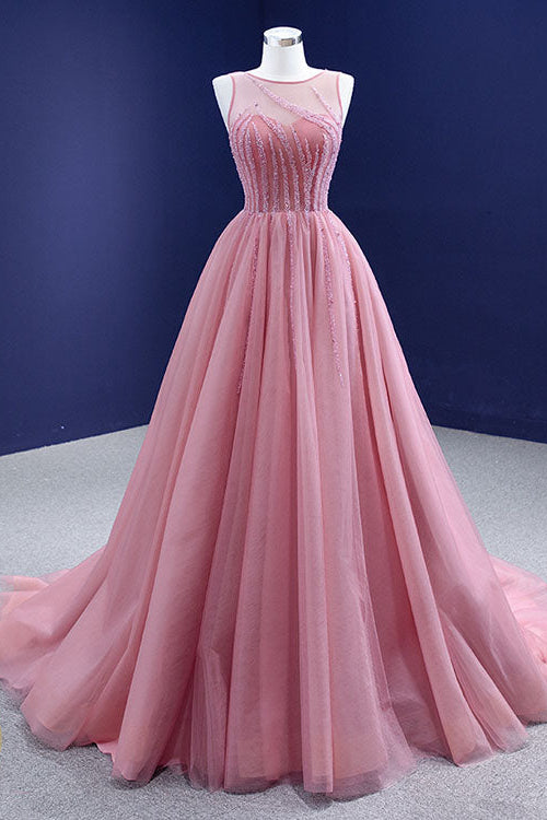 On Sale: Gorgeous Pink A-line Prom Dress with Tulle and Sleeveless Beadings