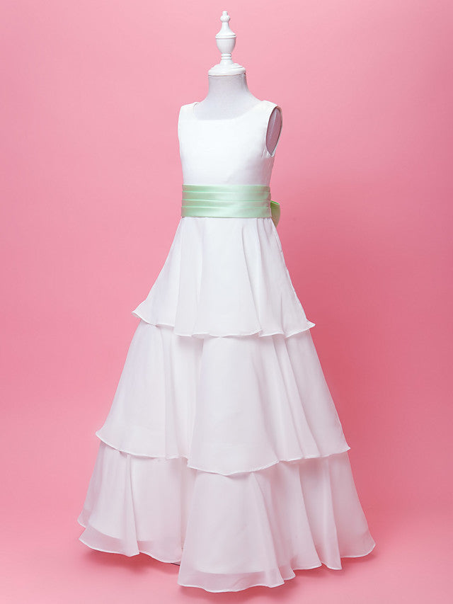 A-Line Chiffon Floor Length Wedding Dress With Ribbon Bow Sleeveless Scoop Neck and Sash Draping For Princesses