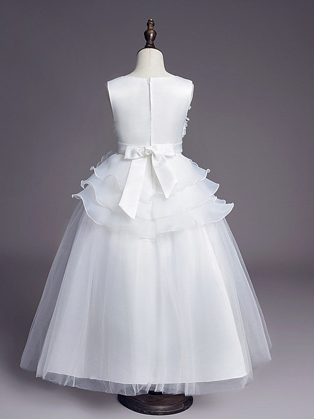 Princess Sleeveless Jewel Long Length Flower Girl Dress with Belt Beadings Embroidery