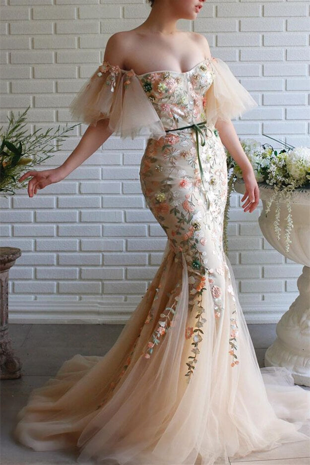 Strapless Mermaid Evening Dress with Flowers, Beadings and Appliques