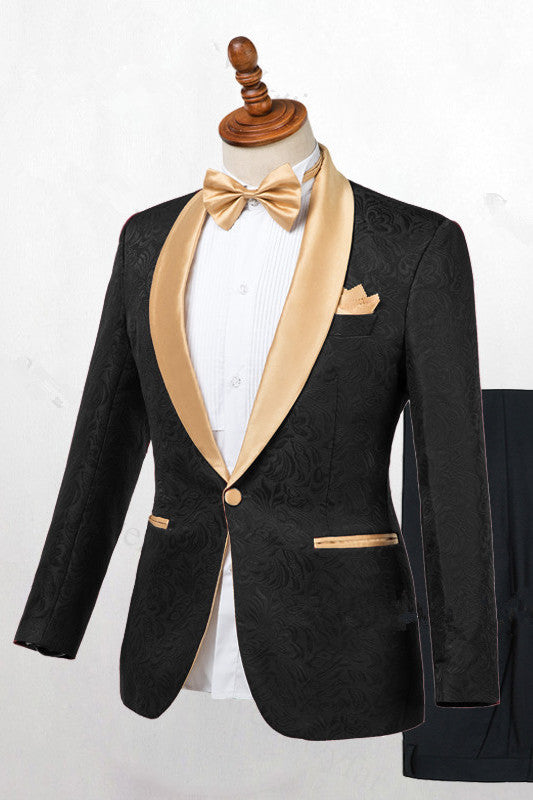 Chic Black Jacquard Tuxedo Wedding Suit with Gold Shawl Lapel