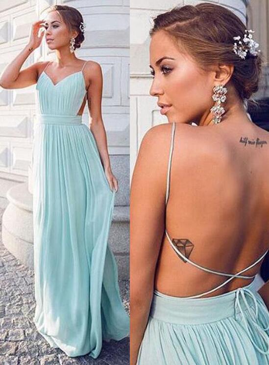 Chiffon Mint Long Prom Dress with Spaghetti-Straps