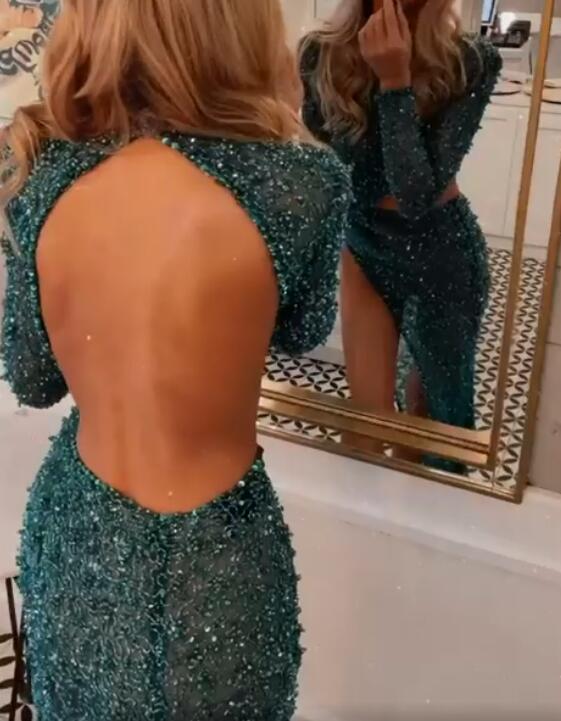 Blue Sequin Mermaid Prom Dress with Split Long Sleeves