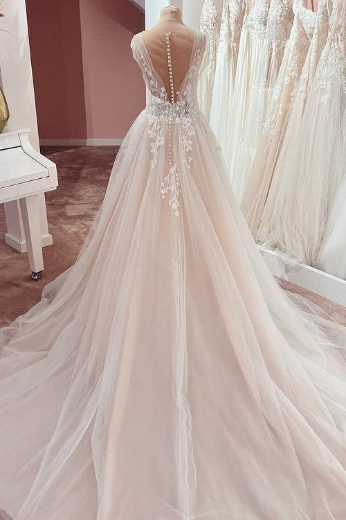 Elegant A-Line Wedding Dress with Wide Straps and Lace Appliques