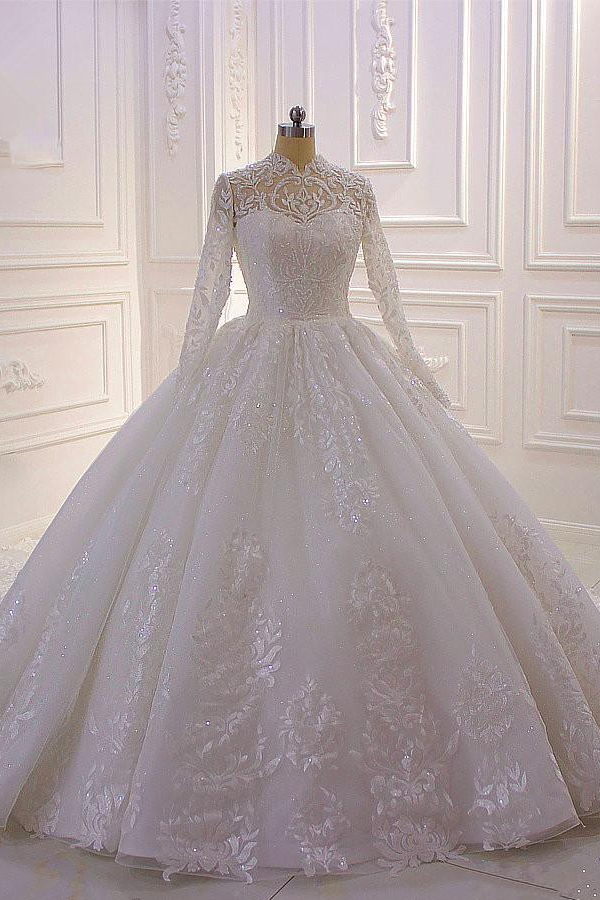 Classy A-line High Neck Wedding Dress With Lace Appliques, Ruffles, Pearls & Sequins