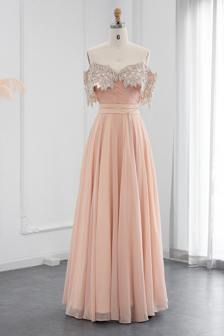 Lotus Off The Shoulder A Line Evening Dress with Chiffon Appliques