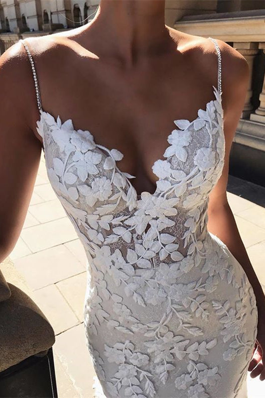 Backless Long Mermaid Wedding Dress with Spaghetti-Straps and Lace Appliques