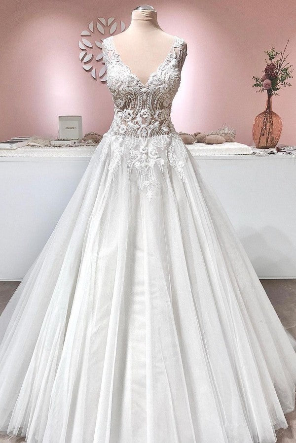 Vintage A-line Wedding Dress with Deep V-neck, Backless, Ruffles, Tulle and Appliques Lace