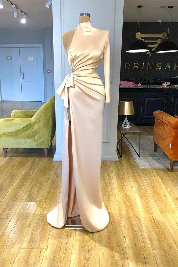 High Neck Long Sleeves Split Mermaid Prom Dress in Champagne